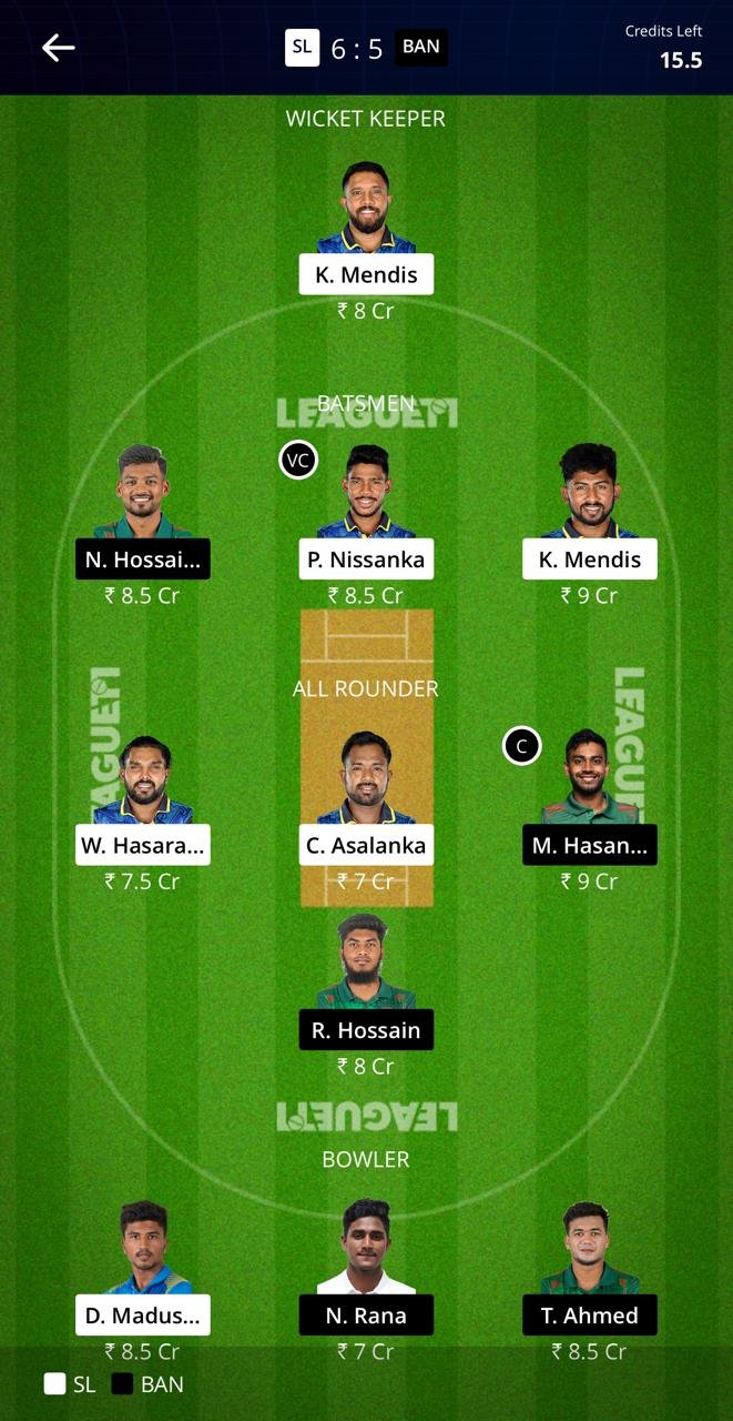 SL VS BAN FANATSY TEAM