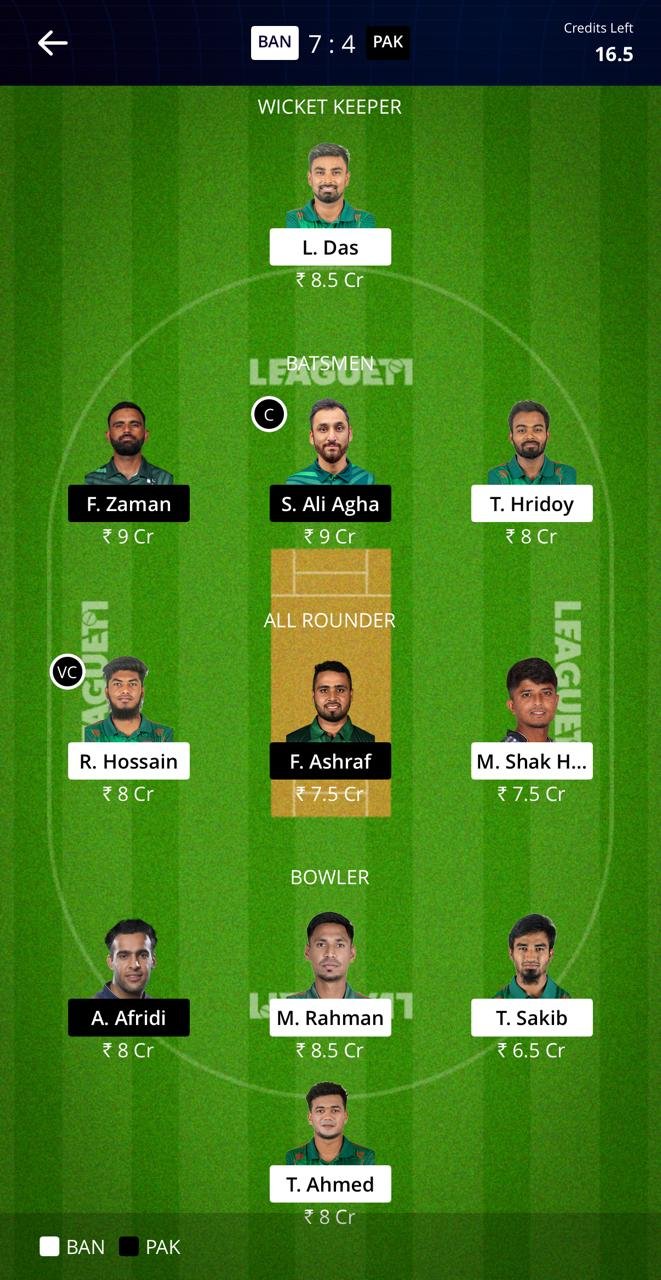 ban vs pak 3rd t20i league11 team