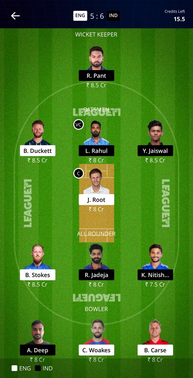 ind vs eng updated league11 team