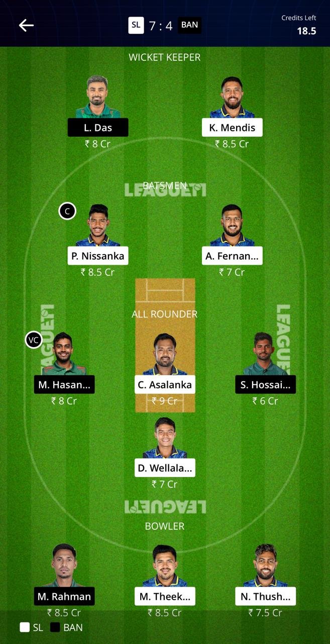 sl vs ban 3rd t20i league11 team